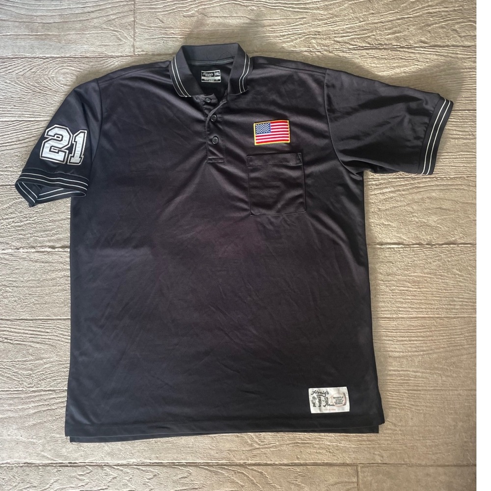 Vtg Honigs 21 Whistle Stop Ann Arbor 2XL Baseball Umpire Polo Shirt USA Flag